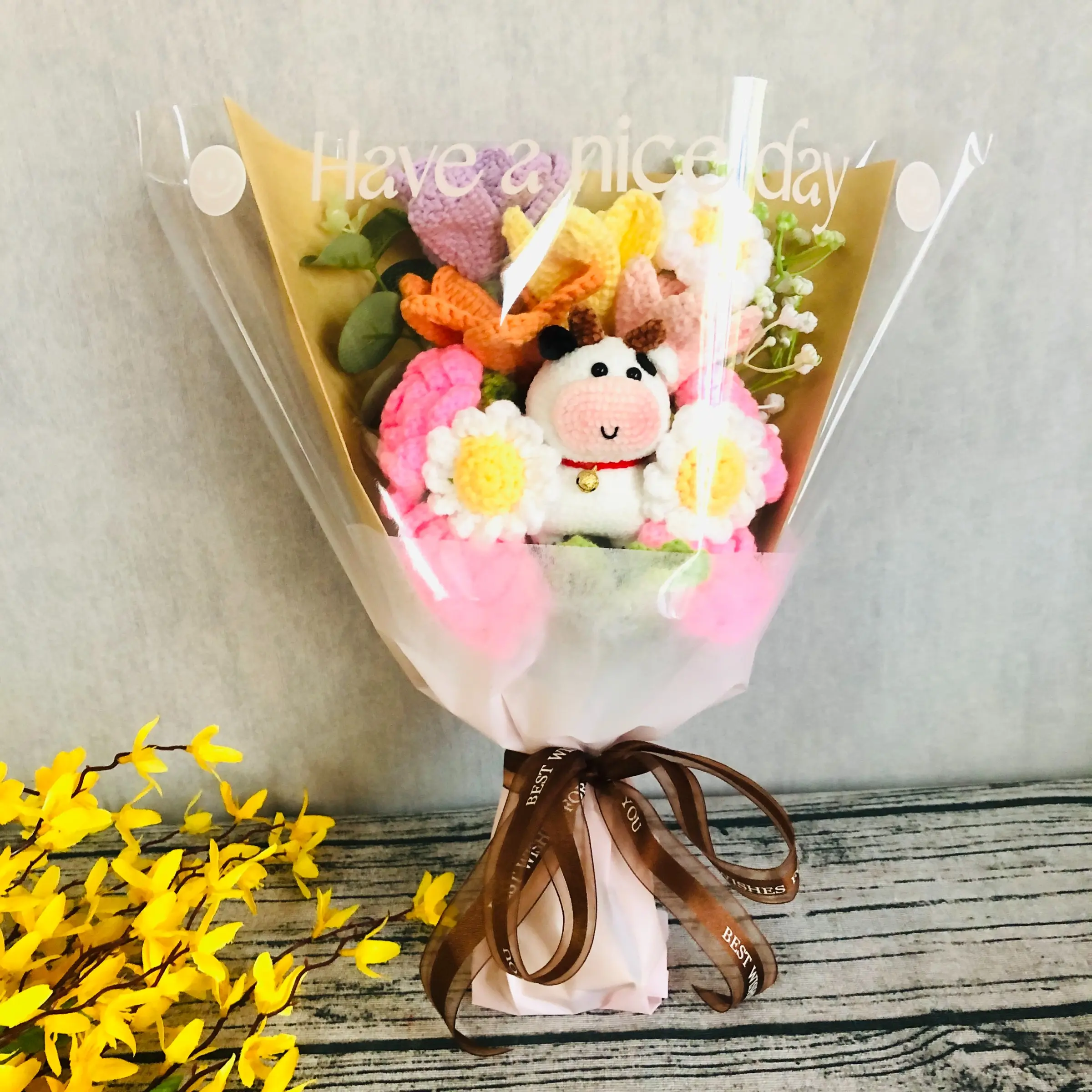 Handmade Crochet Tulip Rose Cute Cow Doll Bouquet Party Gift Anniversary Present with Packaging, Bedroom Decoration Flowers