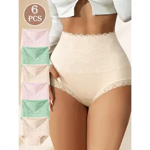 QUATSI 6PCS Women's High Waist Lace Panties, Hypoallergenic Soft Breathable Underwear for Sensitive Skin Briefs, Elegant Sexy Basic Intimates Underwear