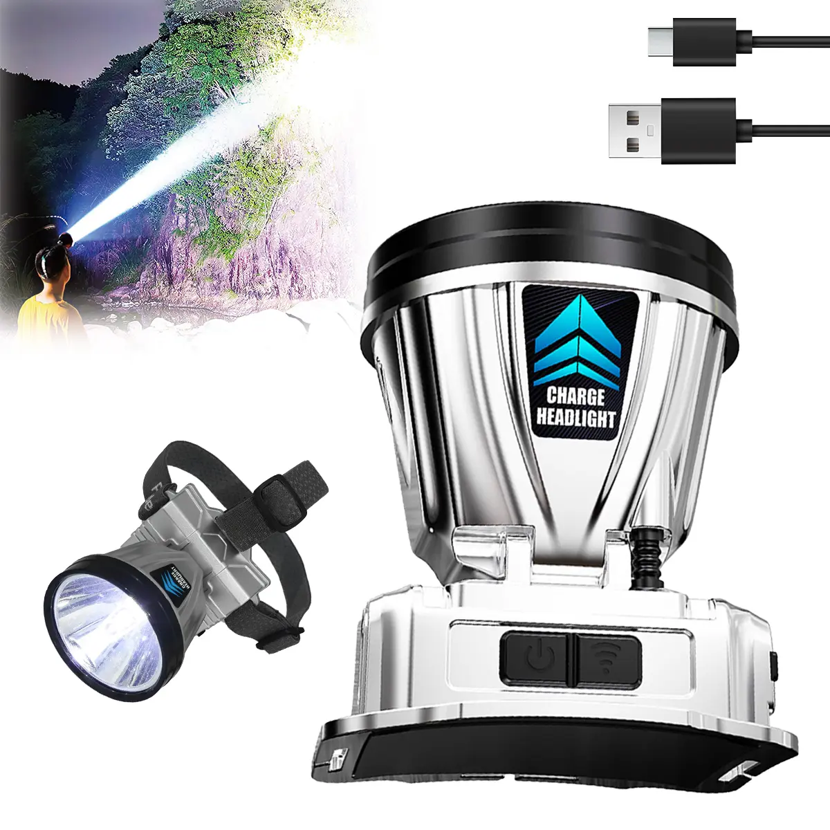 Super Bright Rechargeable High Power Headlamp,LED Rechargeable Head Lamp,LED Head Lights for Forehead Flashlight,Waterproof Headlamp Headlight with White Lights for Camping,Running,Cycling,Fishing