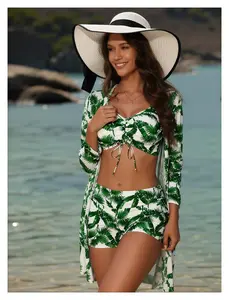 Green Palm Swimsuit 3 Piece Set - Women's Long Sleeve Sheer Cover Up Bathing Suit - Tropical Print Swimwear for Vacation, Beach, Pool - Sizes S-XXL