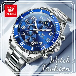 OLEVS 2926 Men's Sport Analog Quartz Watch - 43mm Silver & Blue Large Dial, Chronograph, 24-Hour Indicator, Luminous Hands, Water-Resistant Stainless Steel Stylish Practical Timepiece, Analog Watch