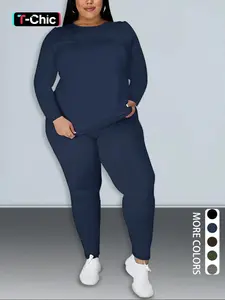 【Plus Size】 Two-Piece Set Solid Long Sleeve Tee & Skinny Pants, Casual Round Neck Top & Trousers for Spring & Fall, Women's Clothes for Daily Wear Stretchy Outfit Sets