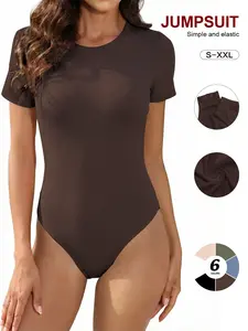 Women’s Basic Ribbed Knit Short Sleeve Bodysuit, Stretchy Form-Fitting Casual Top, All Seasons Jumpsuit with Bottom Snap