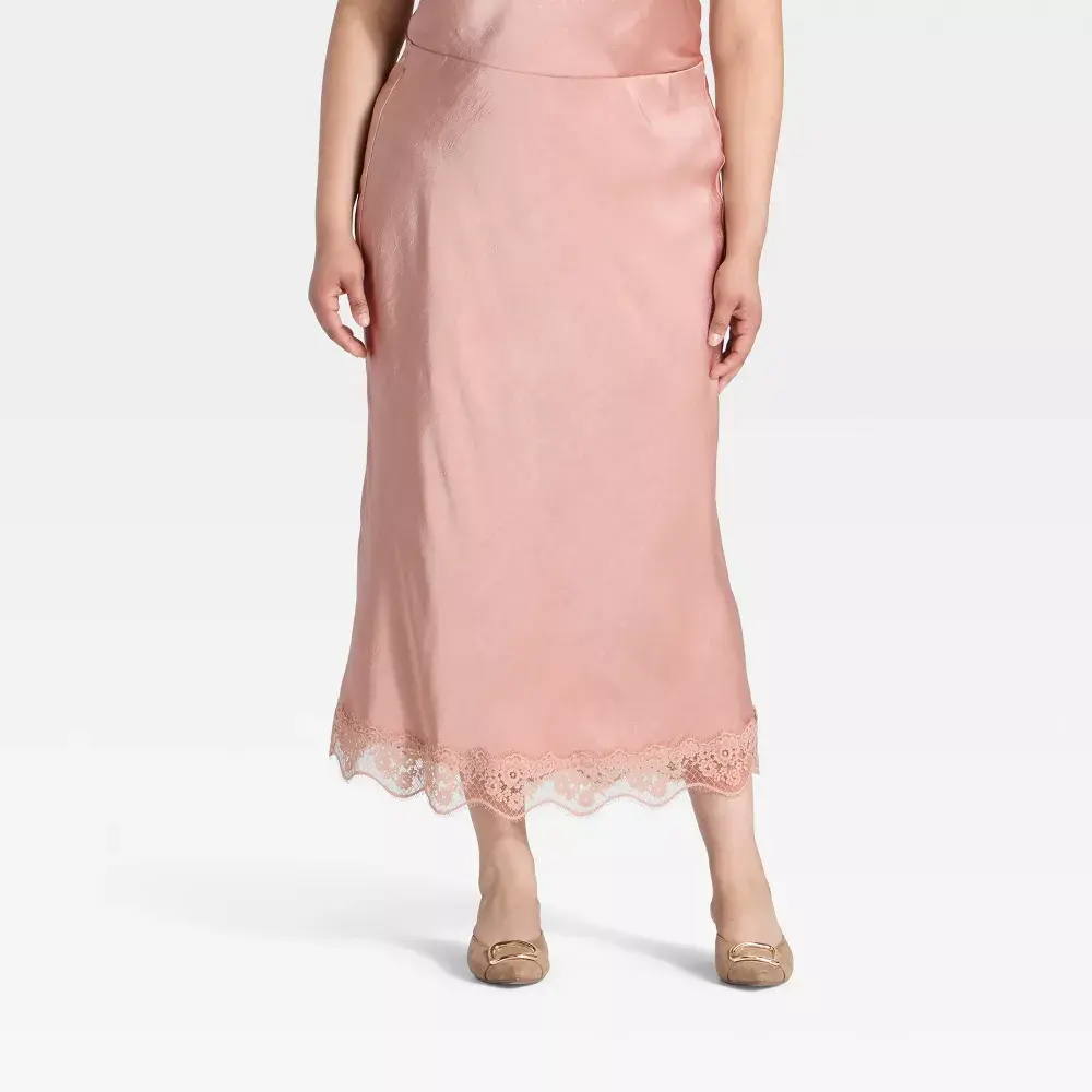 A New Day Women's Plus Size Satin Lace Trim Midi Skirt - Light Pink