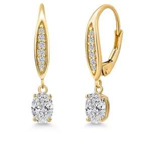 Gem Stone King 10K Yellow Gold Leverback Dangle Earrings for Women | Oval 6X4MM Gemstone Birthstone with Lab Grown Diamond Accents | Jewelry Gifts for Mom Wife Her
