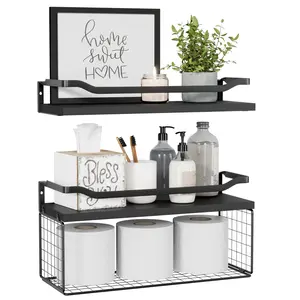 Floating Shelves with Wire Storage Basket, Bathroom Shelves Over Toilet with Protective Metal Guardrail, Wood Wall Shelves for Bathroom, Bedroom, Living Room, Toilet Paper