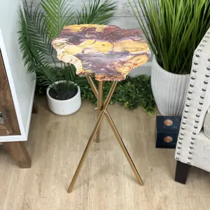Natural Mookaite Jasper Side Table on Gold Metal Base, 24.8" Tall #1340MJ-002