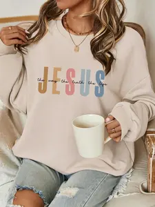 JESUS Casual Letter Pattern Crew Neck Loose Fit Sweatshirt For Women Autumn Winter Fall Grey Cotton Hoodie Breathable Eco-friendly Top
