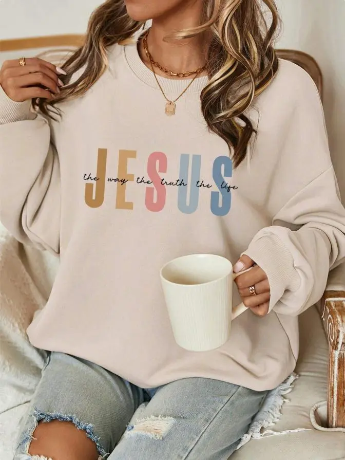 JESUS Casual Letter Pattern Crew Neck Loose Fit Sweatshirt For Women Autumn Winter Fall Grey Cotton Hoodie Breathable Eco-friendly Top Womenswear Fabric