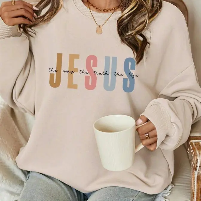 Women's Jesus Letter Pattern Crew Neck Long Sleeve Loose Fit Cotton Hoodie - Breathable Eco-Friendly Solid Piece Fabric Top for Autumn Winter Everyday Womenswear