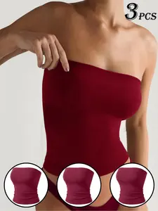 3-Piece American Retro Sexy Tube Top Set, Strapless Fitted High Stretch Breathable Daily Wear Underwear, Waist Cinch Slimming All-Season Casual Style