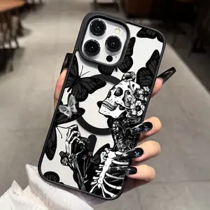 Dark Gothic skull butterfly pattern, anti drop and anti slip support MagSafe charging phone case, suitable for iPhone 17, 16, 15, 14, 13, 12, 11 XS X and other series models, can be given as a gift to friends or family