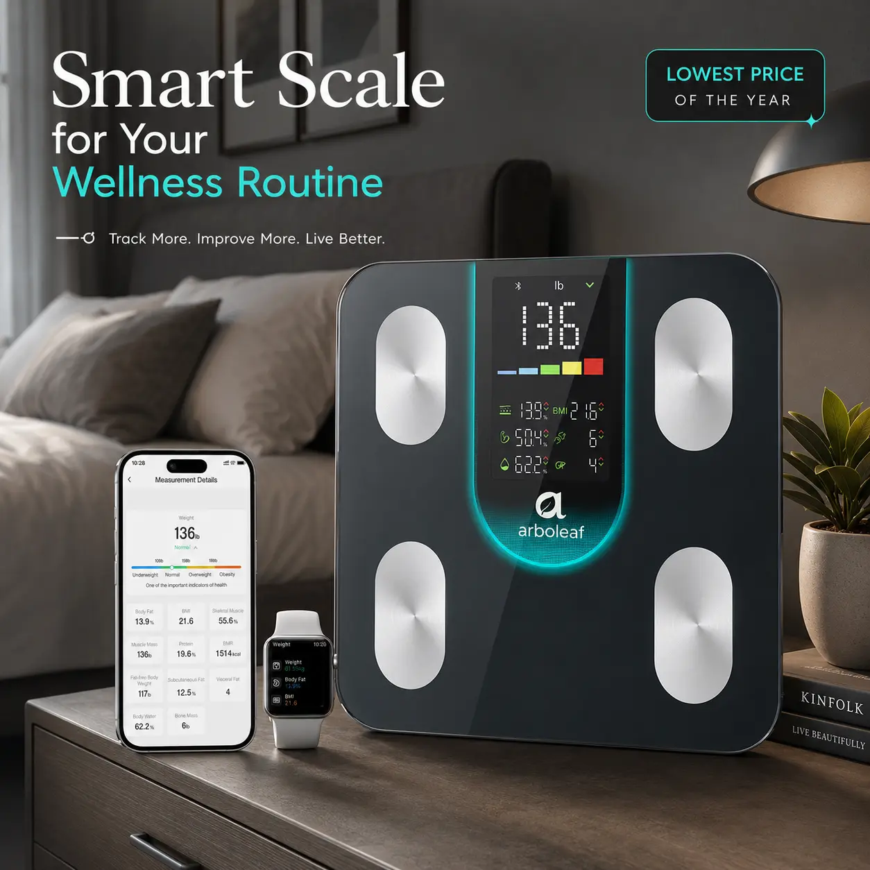 Arboleaf Bathroom Smart Scales with 4-Electrode BIA for Accurate Weight & Fat Measurement 7-in-1 Display BMI Body Fat Muscle Mass 14 Metrics App Trend Tracking Max 400lb Healthcare