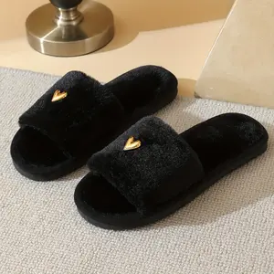 New High-End Fashion Heart Decor Plush Women's Slippers, Open-Toe, Soft and Comfortable, Lightweight, Suitable for Bedroom, Living Room, Home, All-Season Wear, Available in Black, Purple, White, and Camel