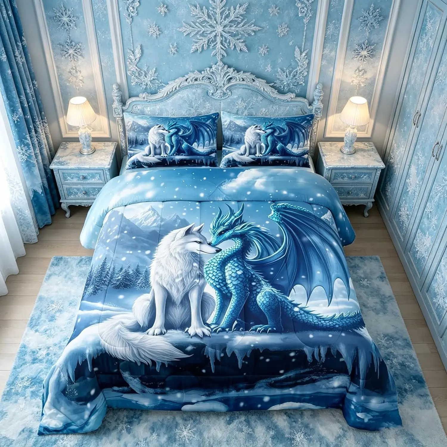 Dragon Wolf Comforter Set,Winter Snow Mountain Pine Tree Bedding Set Room Decor,Hunting Wildlife Western Animal Down Comforter,Blue White Duvet Insert