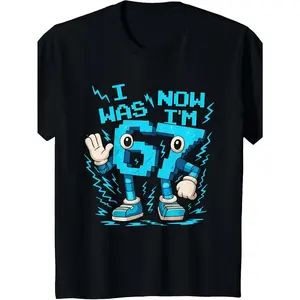 Six Seven 6 7 Italian Brainrot Gen Alpha Slang |   I was 6 Now I'm 7 Six Seven 7 Years Old Birthday Brainrot T-Shirt |   Casual Crew Neck, Short Sleeve, Loose Fit, Geometric Pattern, Size 120-160