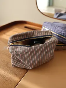 Japanese Plaid Striped Makeup Bag, Multifunctional 3D Zipper Storage Pouch, Handheld Cosmetic Pouch, Travel Portable Inner Pocket, Handbag Organizer, Cosmetics Organizer