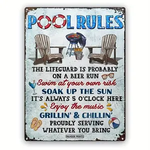 Vintage Tinplate Metal Wall Sign, 12x8in Lightweight Retro Lifeguard Pool Rules Sign, Backyard Patio Home Decor, Housewarming Gift