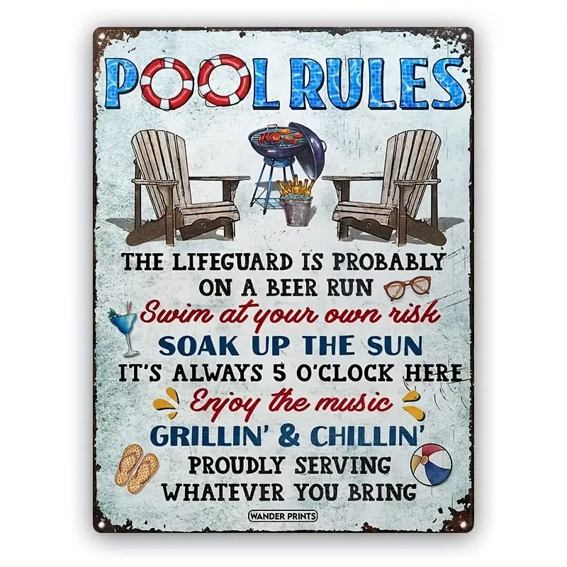 Retro Vintage Tinplate Metal Wall Sign - 12x8in Durable Eco-Friendly Lifeguard Pool Rules Plaque, Backyard Decor, Bathroom Home Decoration, Housewarming Gift