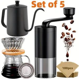 Coffee Making Set, 5 Counts/set Including Gooseneck Kettle & Coffee Grinder & Glass Carafe & Filter & 100 Filter Paper, Coffee Making Tool for Home Office