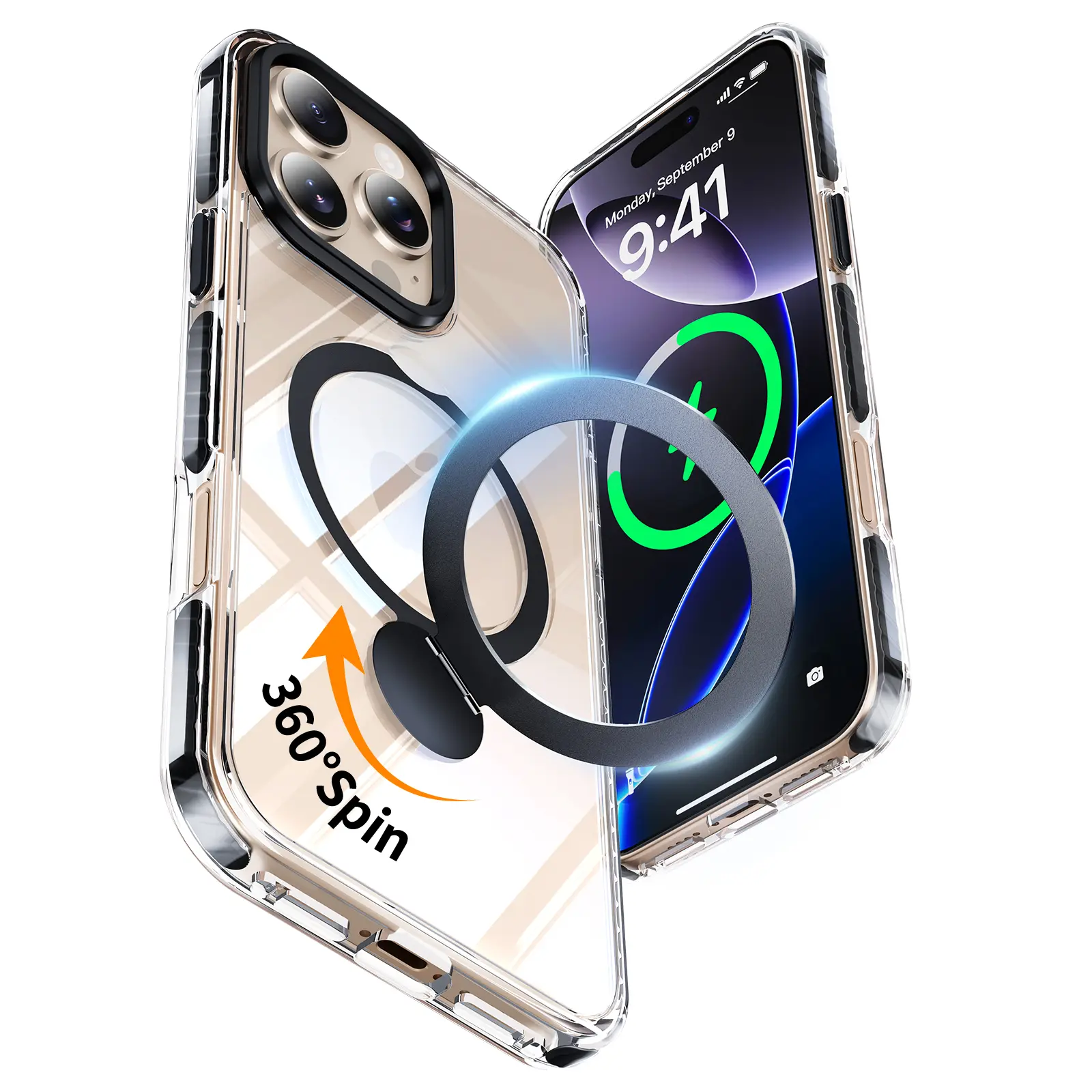 YOOVEI for iPhone 13,14,15,16/Pro/Pro MaxCase Case Clear with Kickstand 360°Rotatable Invisible Magnetic Ring Stand [Compatible with MagSafe] [Drop Protection] Transparent Slim Phone Grip Cover 6.1 inch, Black