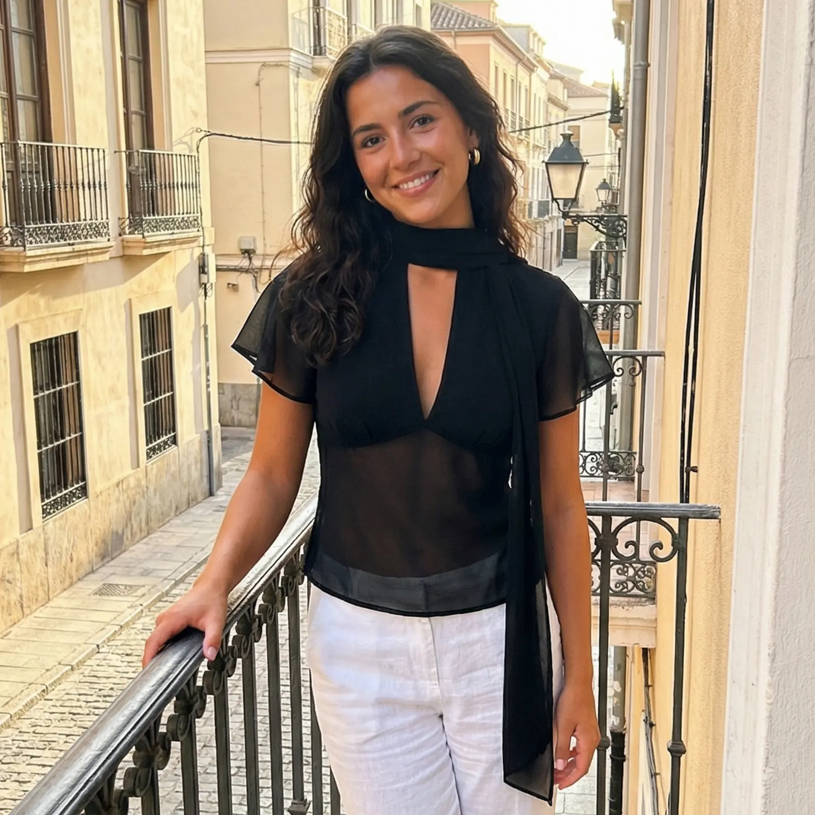 Women's Cute Polyester Short Sleeve Sheer Mesh Blouse - Tie Neck, High Neck, Flutter Sleeves, Deep V Design for Office & Night Out Wear, Shortsleeve, Fashion, Scarf Sets, 1 Tops With Scarf, Shirt, Casual Wear, Everyday Tops, See-Through