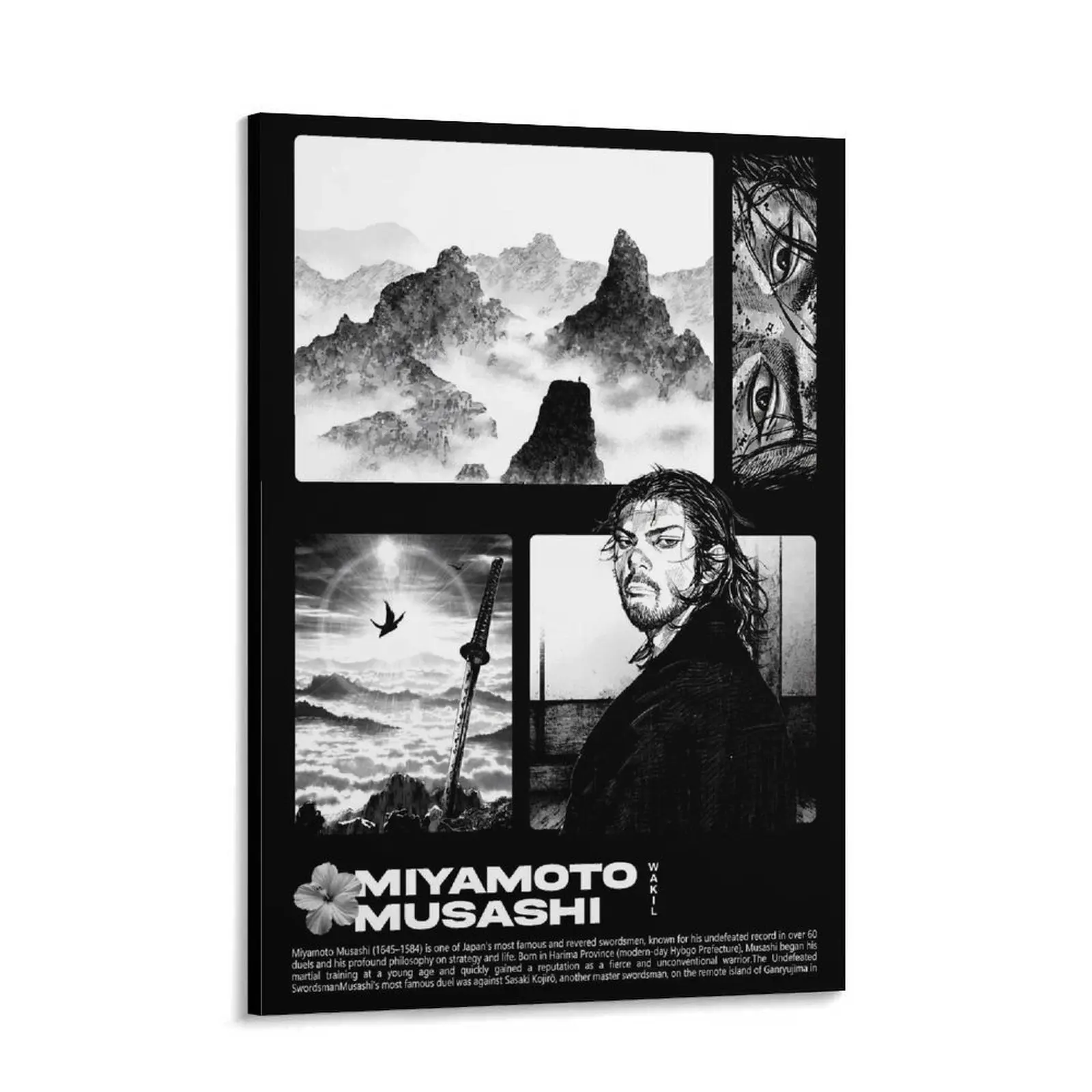 Miyamoto Musashi Black-and-White Samurai Wall Picture Decor, Japanese Ink-Style Manga-Inspired Dark Aesthetic Print, Home Decor Decoration for Man Cave, Gift Ideas for Gamers & Samurai Theme Fans