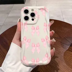 Phone Case for iPhone 16 Pro Max 15 Plus 14 13 12 11 XR XS Cream Pink Bow Pattern Curly Wave Frame Shockproof Silicone TPU Bumper Drop Protection Cover Cellphone Casing