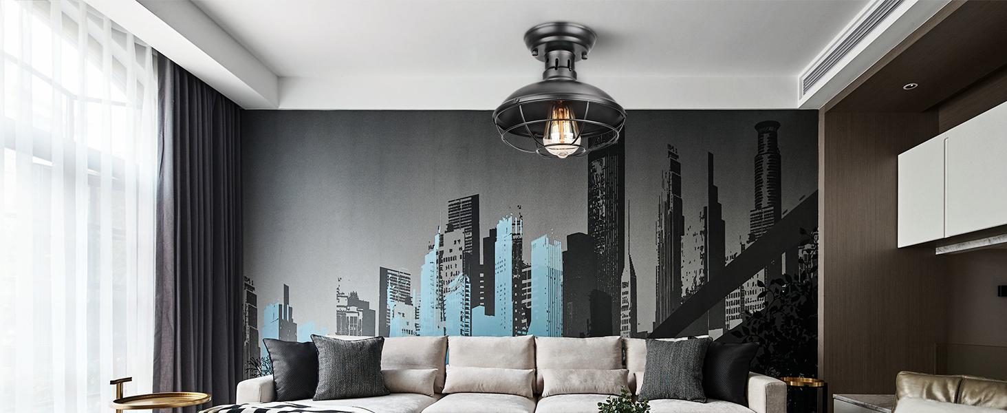 FRIDEKO HOME Farmhouse Flush Mount Ceiling Light Industrial Close to Ceiling Lighting Fixtures, Rustic Vintage Metal Black Ceiling Lamp for Kitchen Island Bedroom Hallway Farmhouse