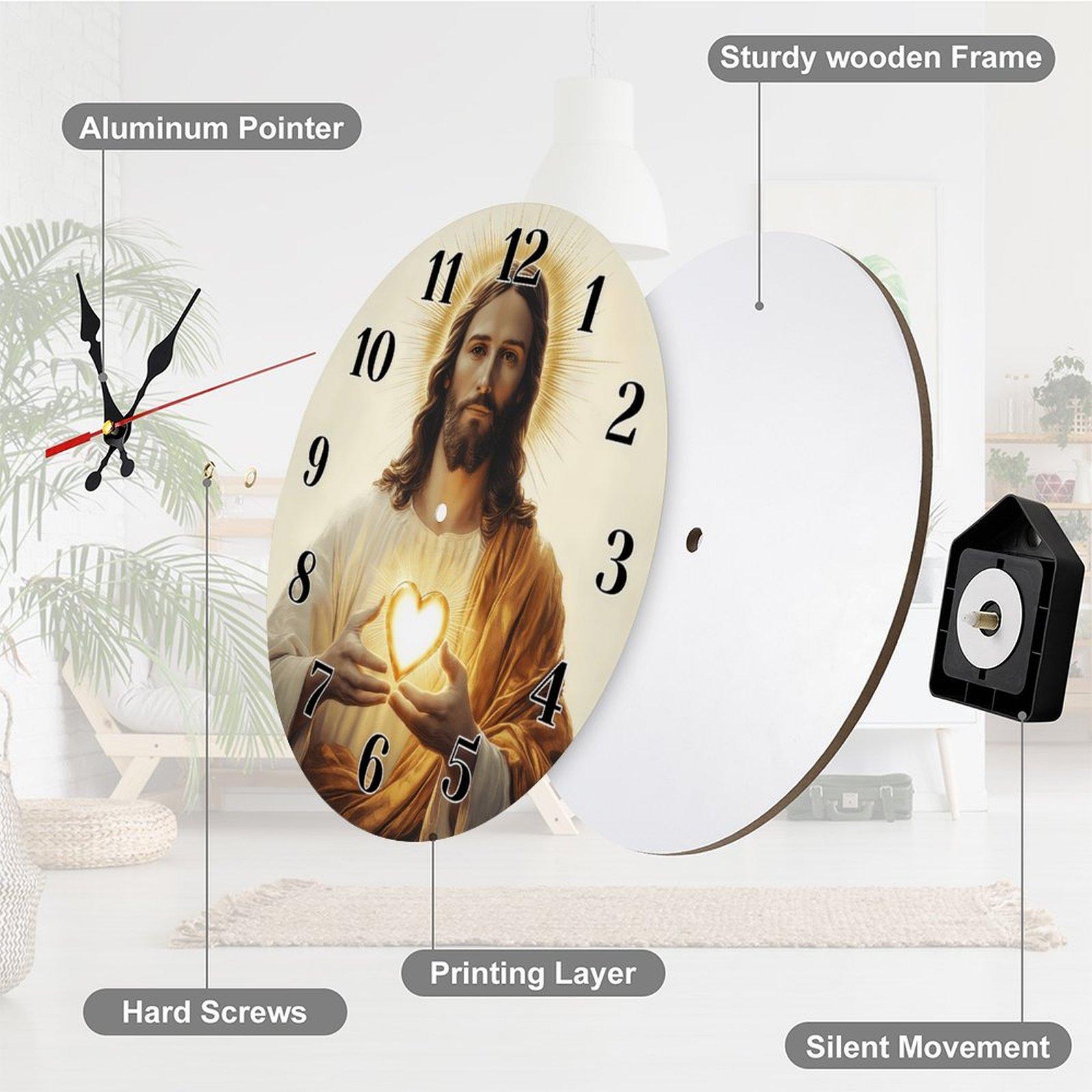 12 Inch Spiritual Religious Design Wooden Wall Clock | Sacred Heart of Jesus Art Print, Battery Not Included, Great Gift for Christian Believers, Perfect for Home, Church, Prayer Room