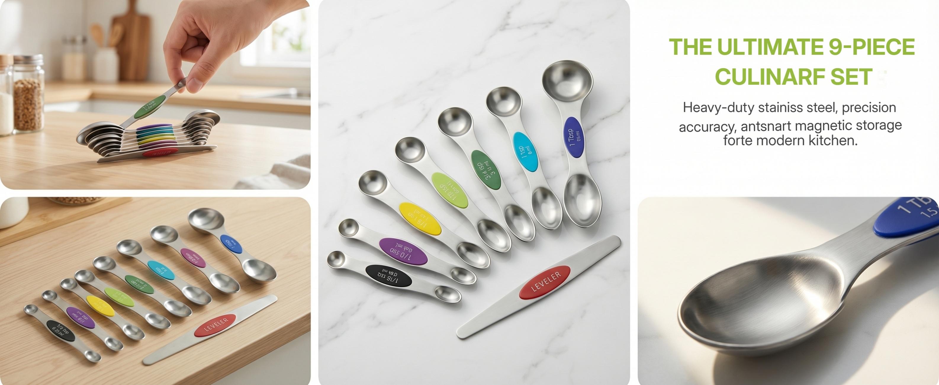 9Pcs Magnetic Measuring Spoons with Leveler, 430 Stainless Steel Double-Sided, Color Coded Stackable Kitchen Tools for Baking, Cooking, Dishwasher Safe