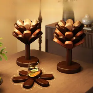 Fully Functional Handheld Natural Tree Mat For Flowers, Plants, And Trees, Insulation Heat-Resistant Mat Foldable 4-Piece Set, High-Quality Black Walnut Solid Wood Placemat, Food Insulation, Tableware, Pots, Coasters, Bowls, Teapots, Kitchenware, Gifts