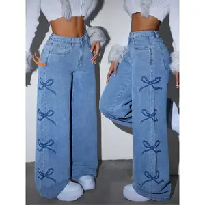 Women's loose wide leg pants with printed bow design, high waist fashionable elastic waist, perfect fit jeans, casual wearRAIMENTRY