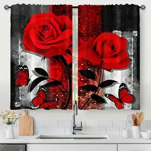 2pcs Printed curtains2pcs Rose Flower Curtains, Fashion Design Printed Short Curtains for Small Windows Cafe Shop Kitchen Bathroom, Rustic Rod Pocket Curtains Foldable Colorful Room Divider
