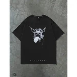 180gMen's Dog Print Regular Fit Round Neck Knit T-shirt, Preppy Casual Streetwear Stylish Top For All Seasons, T-shirts For Daily Wear, Black Color, Casual Matching Clothing