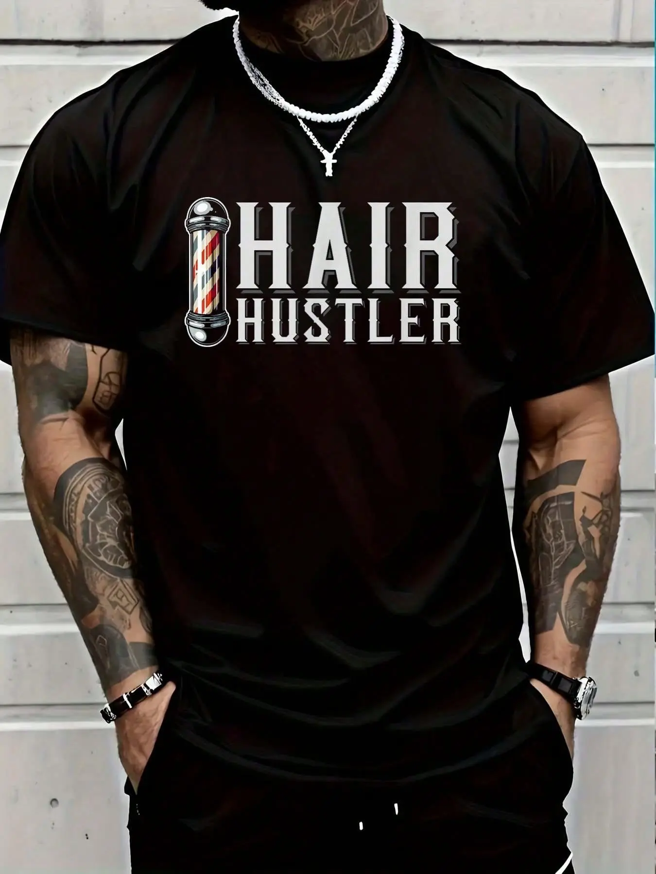 Men's Vintage Casual Crew Neck T-Shirt - 100% Cotton Distressed Barber Print, Playful Whimsical Short-Sleeve Summer Streetwear Top