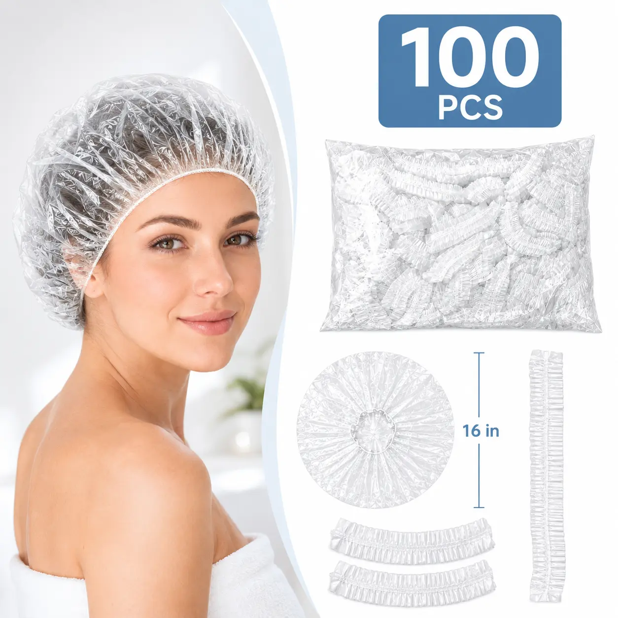 100PCS Single-Use Plain Hair Protection Shower Caps, Waterproof Elastic Disposable Hair Covers for Bath, Salon Use, Plain Shower Caps, Single-Use Shower Caps