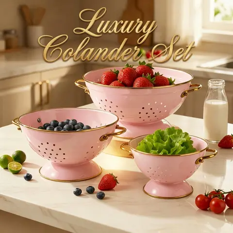 iswins 3-Piece Sturdy Carbon Steel Colander Set, 0.5mm Food-Grade Pink Barbiecore Kitchen Utensils, Ergonomic Handle, Fast Drain Holes (1qt/3.5qt/5qt), Durable Rust-Resistant Large Capacity Daily Use Essentials for Berries/Vegetables, Dishwasher-Safe