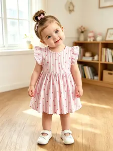 6M-3Y Baby Girls Summer Skin-Friendly Knit Dress, Toddler Summer Dresses, Loose A-Line Fit, Soft Cotton, Unrestricted for Daily Play, Striped Heart + Ruffle Flutter Sleeves, Multi-Scenario for Going Out / At Home / Taking Photos