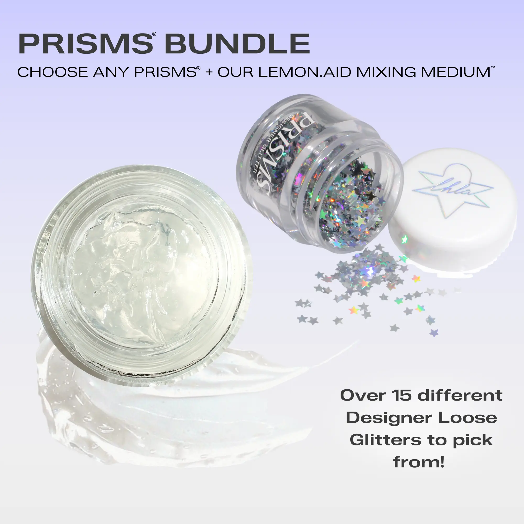 Lemonhead LA PRISMS Designer Loose Glitter + LEMON.AID Mixing Medium |  2pc Bundle | Turn Loose Glitter into a Budge-proof Glitter Gel | Long-wear, High Impact Ultra Reflective Glitter Blends and Shapes | For Eyes, Face & Body