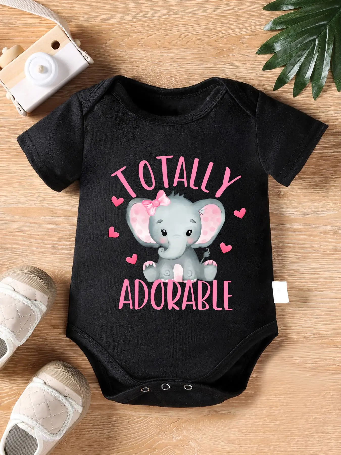 Short‑Sleeve Baby Bodysuit, Totally Adorable Cute Bow Elephant and Heart Print Soft Cotton Infant Onesie