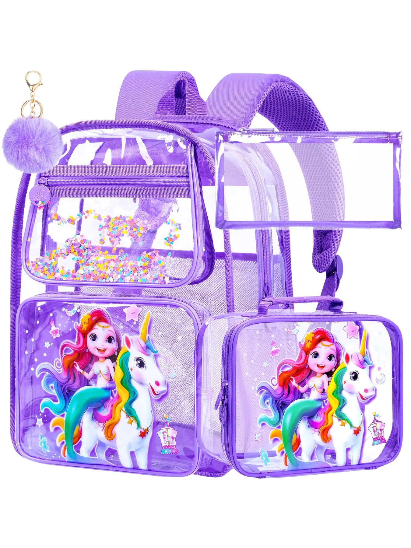 3Pcs Clear Backpack for girls, 16" Mermaid Unicorn Transparent Bookbag, Large See Through PVC School Backpacks with Lunch Box, Backpack Set(Purple)
