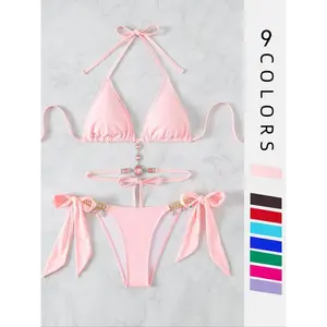 Charm Studio  Women's Halter Tie Back Triangle Bra & Ring Linked Panty Bikini Set, Sexy Trendy Summer Swimsuit Set, Ladies Swimwear Rave Outfits,