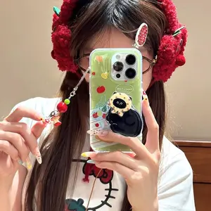 Crystal Clear Light Ind Picnic Cat Phone Case with Stand and Lanyard, Compatible with Apple Series 17/16/15/14/13/12/11