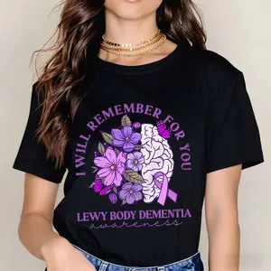 I Will Remember For You Lewy Body Dementia Awareness Brain And Flowers Print T Shirt Black Crew Neck Short Sleeve Casual Wear For Everyday Activities