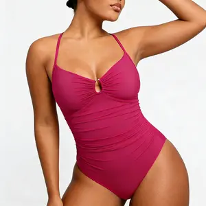 One-piece swimsuit with ring buckle waist cinching