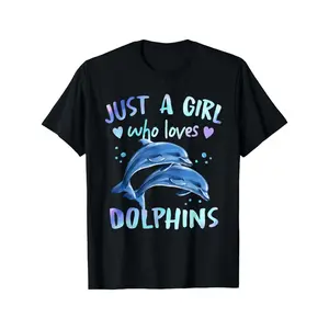 Just A Girl Who Loves Dolphins Graphic T-Shirt - Black Casual Loose Fit Tee with Vibrant Dolphin & Heart Print, Machine Washable Round Neck Top for Women, Casual Attire |   Playful Design |   Comfortable Fabric