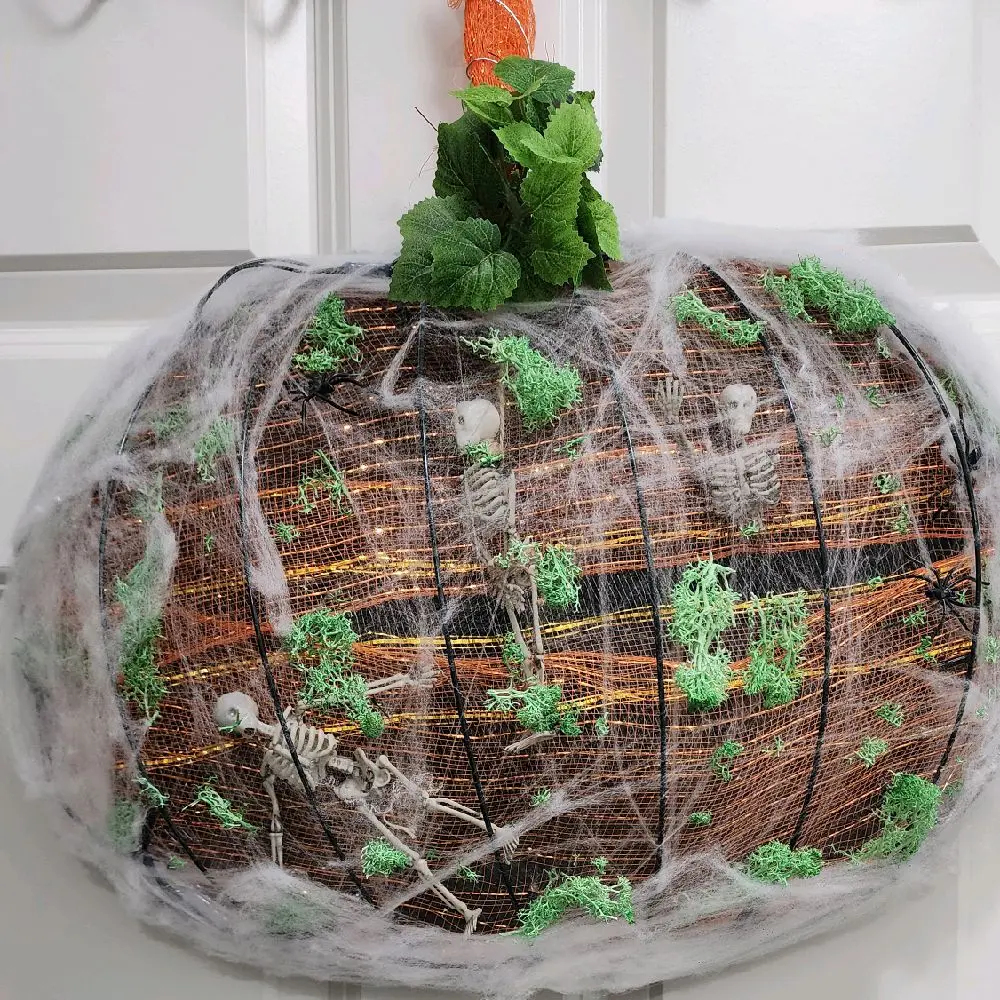 Creepy Skeleton Pumpkin Light Up Wreath with Spooky Skeletons and Greenery Halloween Decor