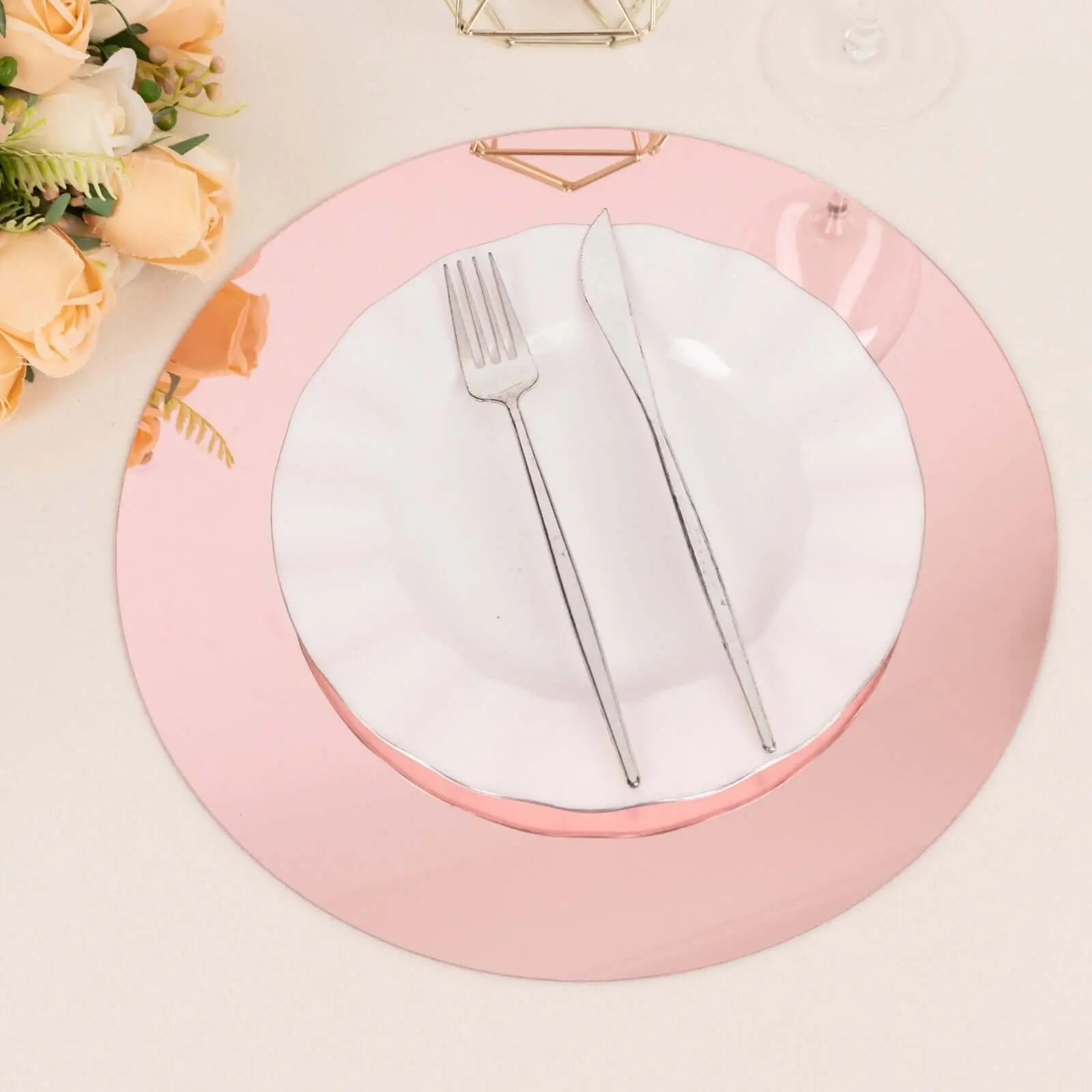 10-Pack Glam Mirror Rose Gold Round Acrylic Dining Plate Chargers, 13" Size Lightweight Trays for Wedding Receptions & Event Display Decor