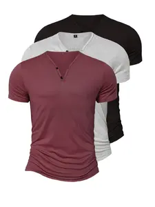 3-Pack Men's Lightweight Breathable V-Neck Henley Short Sleeve T-Shirt, Solid Color Button Decor, Sporty Slim Fit, Ideal for Running & Outdoor Activities